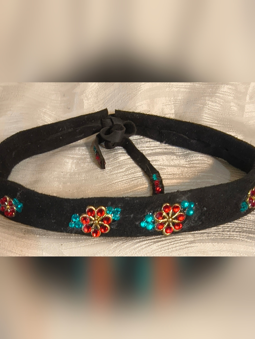 Western Black Suede Hat Band, Red & Teal Rhinestone Floral Conchos Adjustable